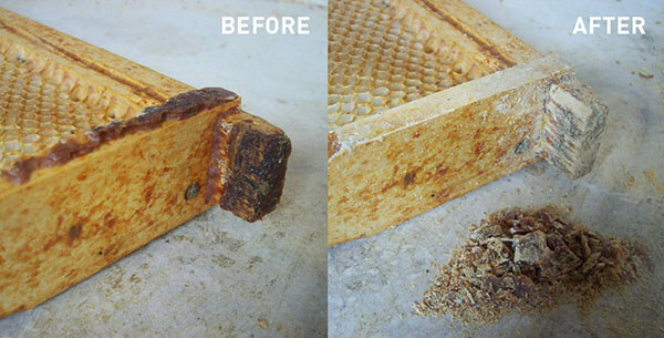 Before and after of propolized and cleaned off top bars