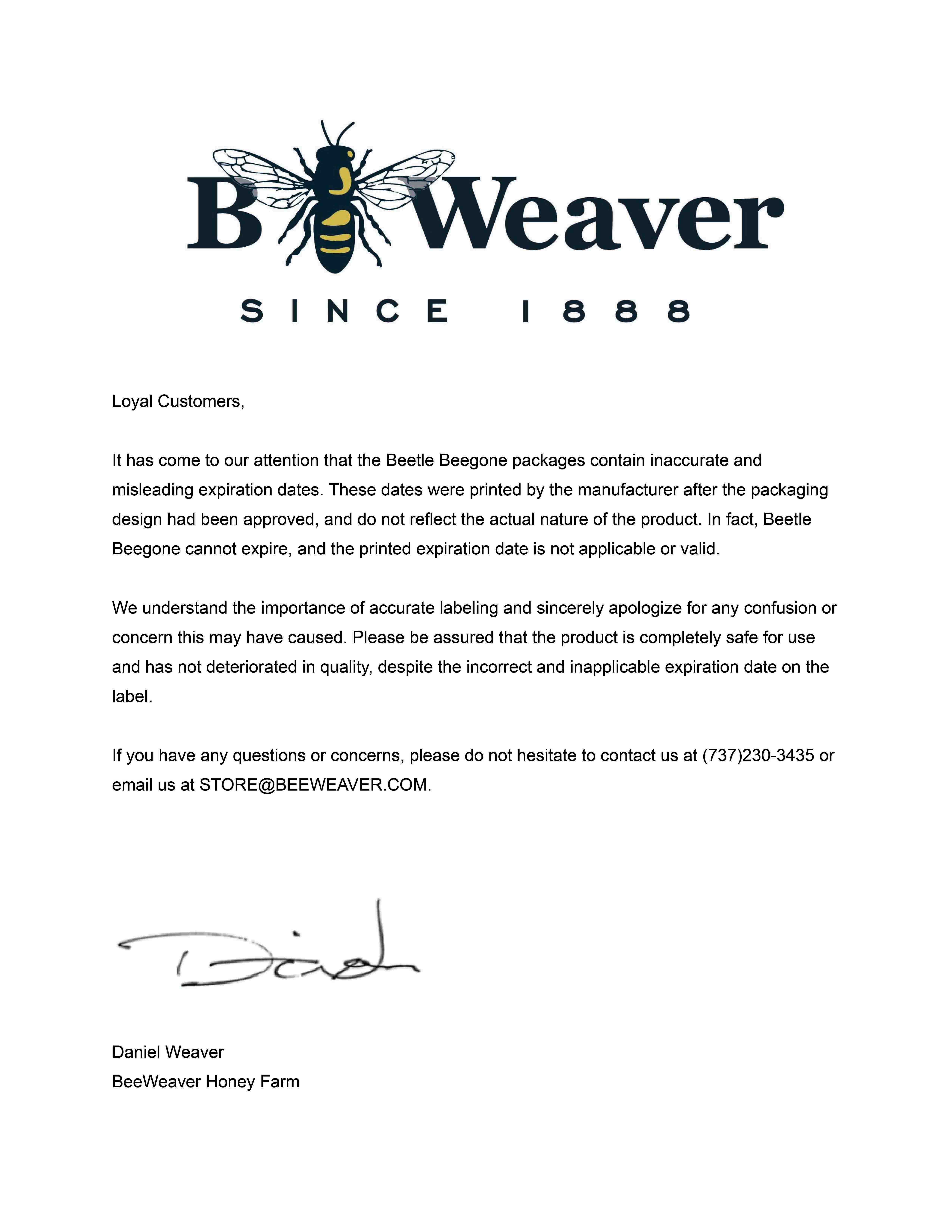 Letter for Beetle Bee Gone expiration date