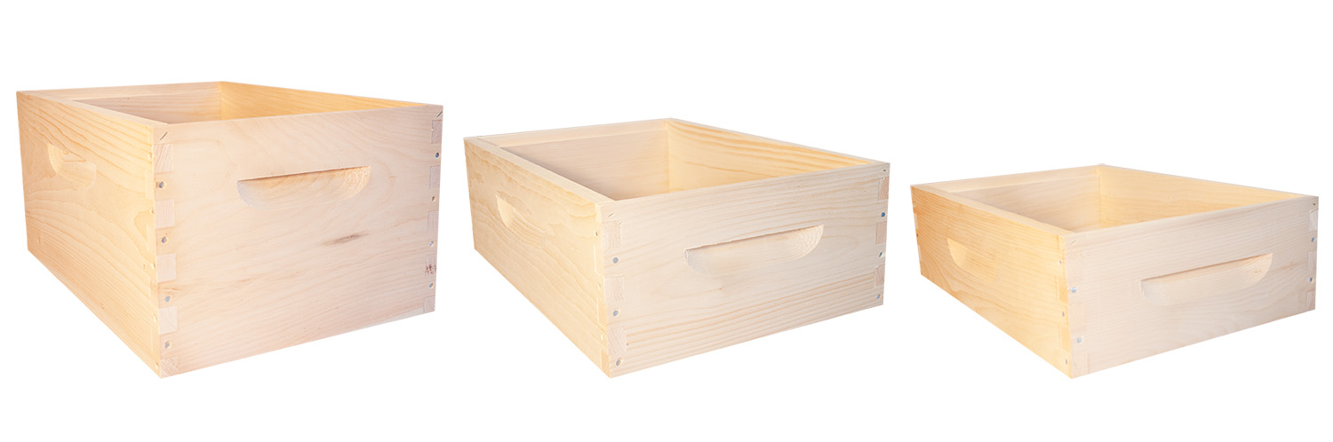 deep, medium, and shallow wood hive boxes